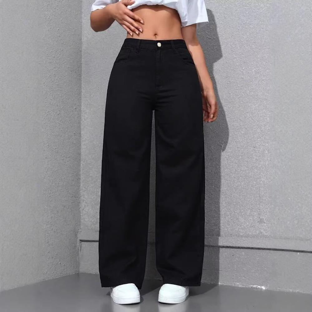 Damen Jeans mit hoher Taille und geradem Bein, Lockere Wide Leg Jeans aus Denim, Säuregewaschen Hellblau Dehnbare Jeans mit Taschen, Lässige Büro-Arbeitshosen XL schwarz