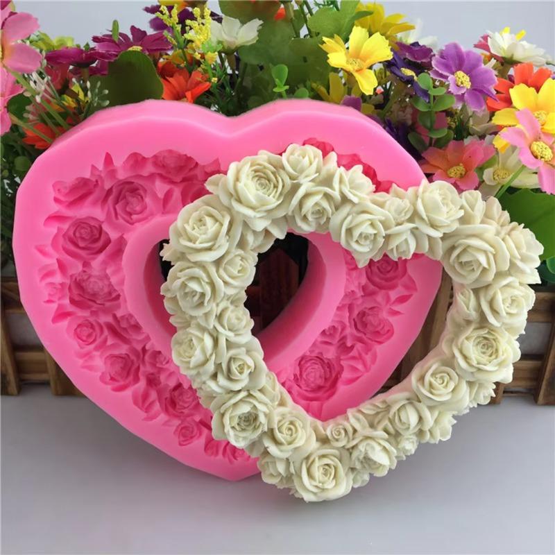 Große Rose Herz Kranz Silikon Lebensmittel gute Form Große herzförmige Rose Silikon Form Kuchen Dekorieren Werkzeuge Seife Kuchen Form pink