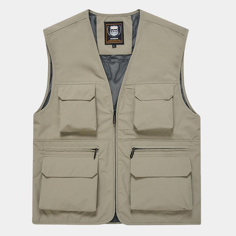 Herren Frühling Sommer Outdoor Gilet Mehrere Taschen Schnelltrocknend Angelweste Wanderweste Ärmellose Arbeitskleidung 3XL khaki
