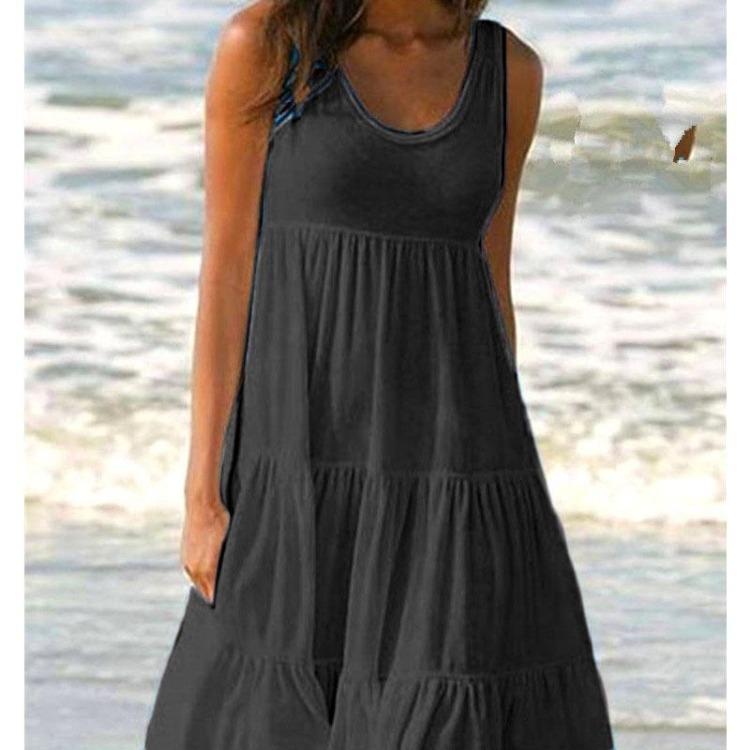 Sommer Lässiges Ärmelloses Kleid Schulterfrei Neckholder Große Größen Damen Modekleidung Locker A-Linie Baumwolle Einfarbig Rundhals Kleider 5XL schwarz
