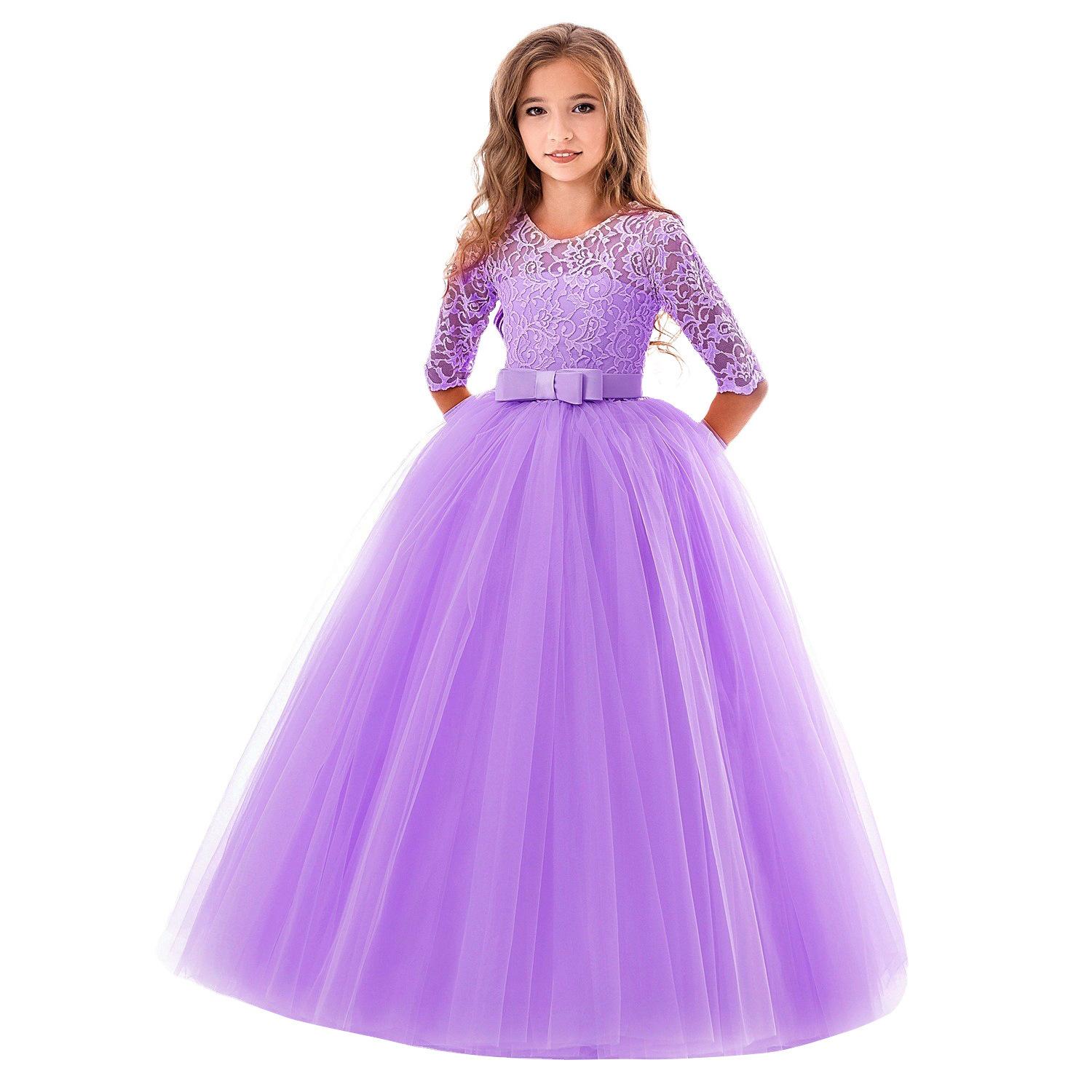 Sommer Langarm Mädchen Party Kleid Hochzeit Kleid Kinder Kleider Für Mädchen Kinder Abend Spitze Prinzessin Kleid 130 violett