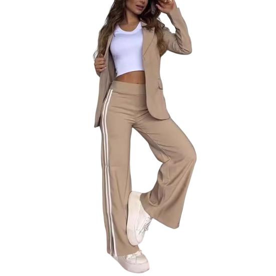 2-teiliges Set mit formellem Mantel und Hose für Damen, Umlegekragen, lange Ärmel, Jacke, lockere, gestreifte Hose mit weitem Bein, lässiges Alltagsoutfit zum Pendeln M khaki