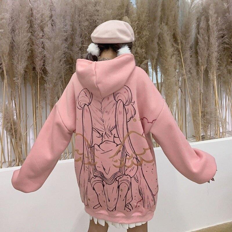 Streetwear Kawaii Hoodie für Frauen Winter Vintage Oversize Sweatshirt Gedruckt Rosa Frauen Samt Anime Hoodie Damen Warme Tops 4XL rosa