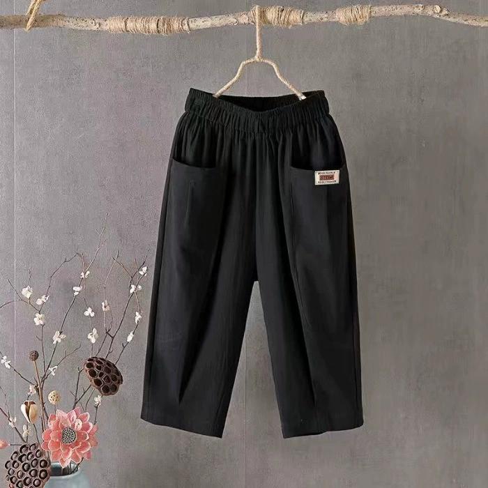 Kurze Hose aus Baumwolle und Hanf für Damen, Sommer, lockere Übergröße, Leinen, elastische Taille, Harenhose M schwarz
