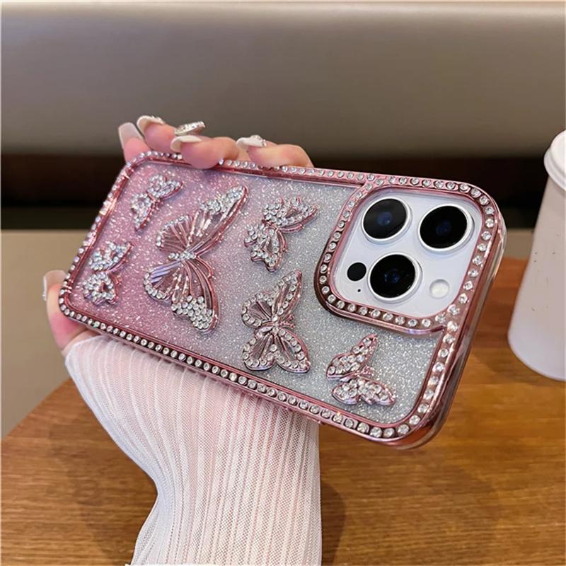 Für iPhone 17 16 Pro Max Luxus Flash Glitzer Schmetterling Beschichtung Rahmen Handyhülle Für iPhone 11 12 13 14 15 Plus 16 Pro Strass Abdeckung iPhone 16 Pro Max rosa