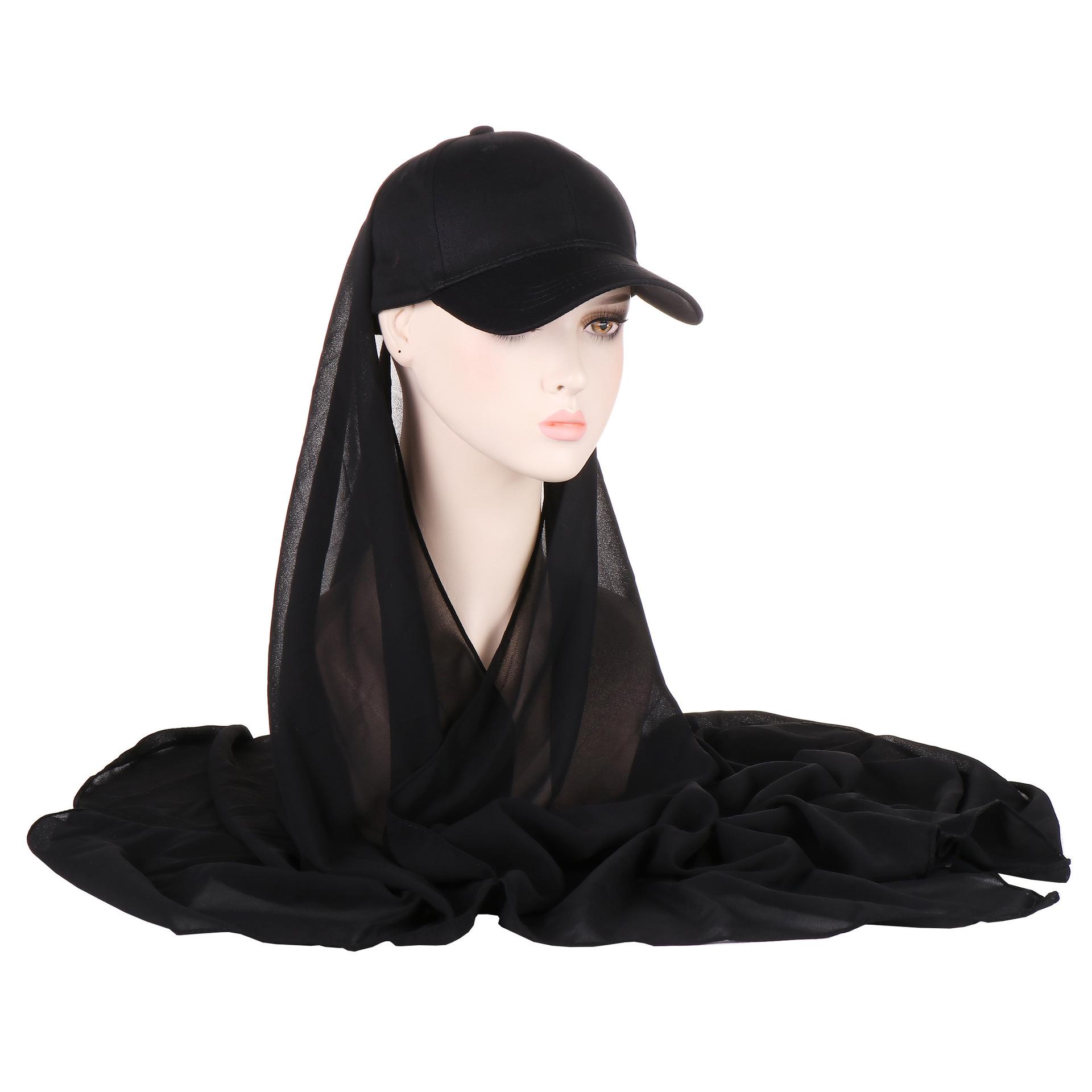 Neue Mode Einfarbig Schal Baumwolle Baseball Kappe Integrierte Schal Hut Moslemisches Hijab schwarz