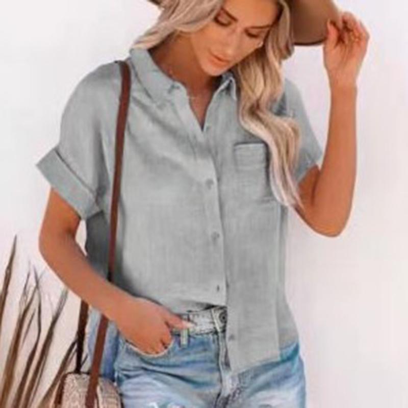 Sommer Baumwolle Leinen Hemd Frauen Kurzen Ärmeln Tops Frauen Elegante Blusen Kurzarm Sommer Shirts Für Frauen Casual 21929 XXXL graue