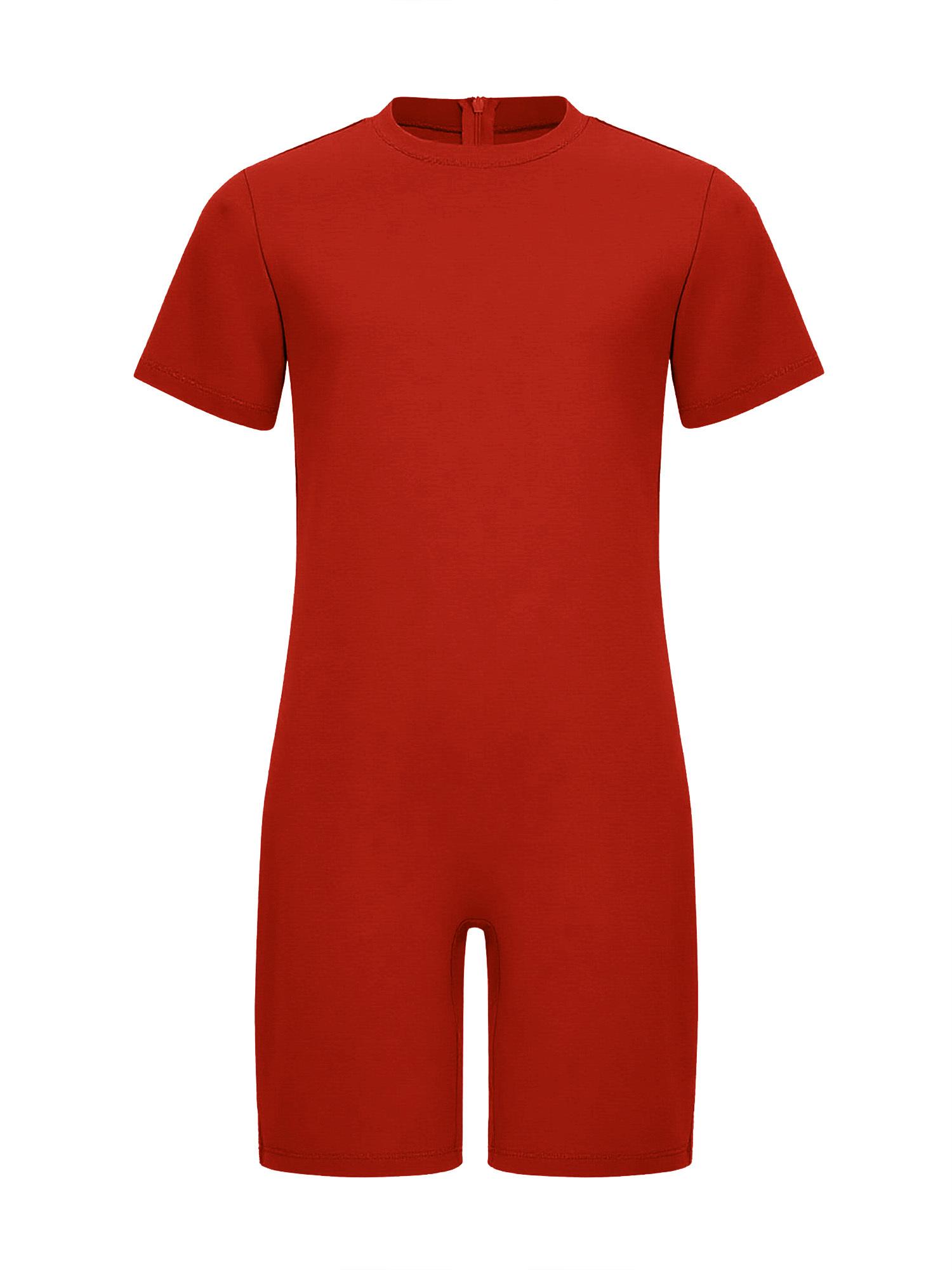 Kinder Spezialbedarf Kleidung Rundhals Kurzarm Jumpsuit Unsichtbarer Reißverschluss hinten Einfarbig Adaptive Kleidung Komfort-Outfit 11-12 Years rot