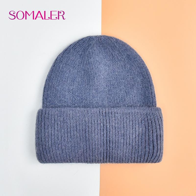 SOMALER Winter Angora Wolle Gestrickte Mütze Weich Warm Flauschig Kaninchenfell Strick Einfache Mützen für Damen denim-blau