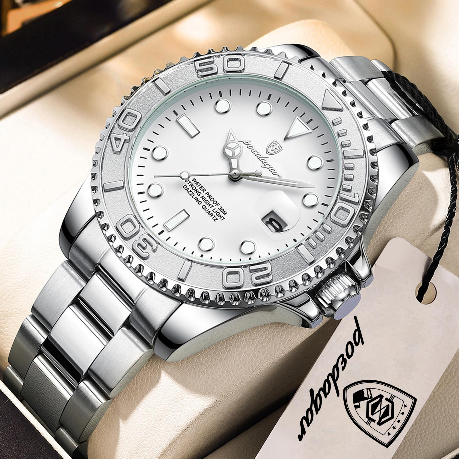POEDAGAR Top Luxus Herrenuhr Wasserdicht Leuchtend Datum Uhr Edelstahl Uhr Sport Mode Quarzuhren silber/weiß