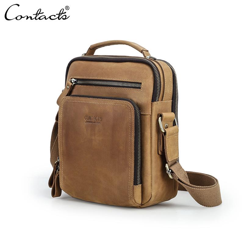 CONTACT'S Echte Leder Schultertasche für Herren Vintage Umhängetasche Lässig Messenger Bags Reise Business Herren Umhängetaschen L braun