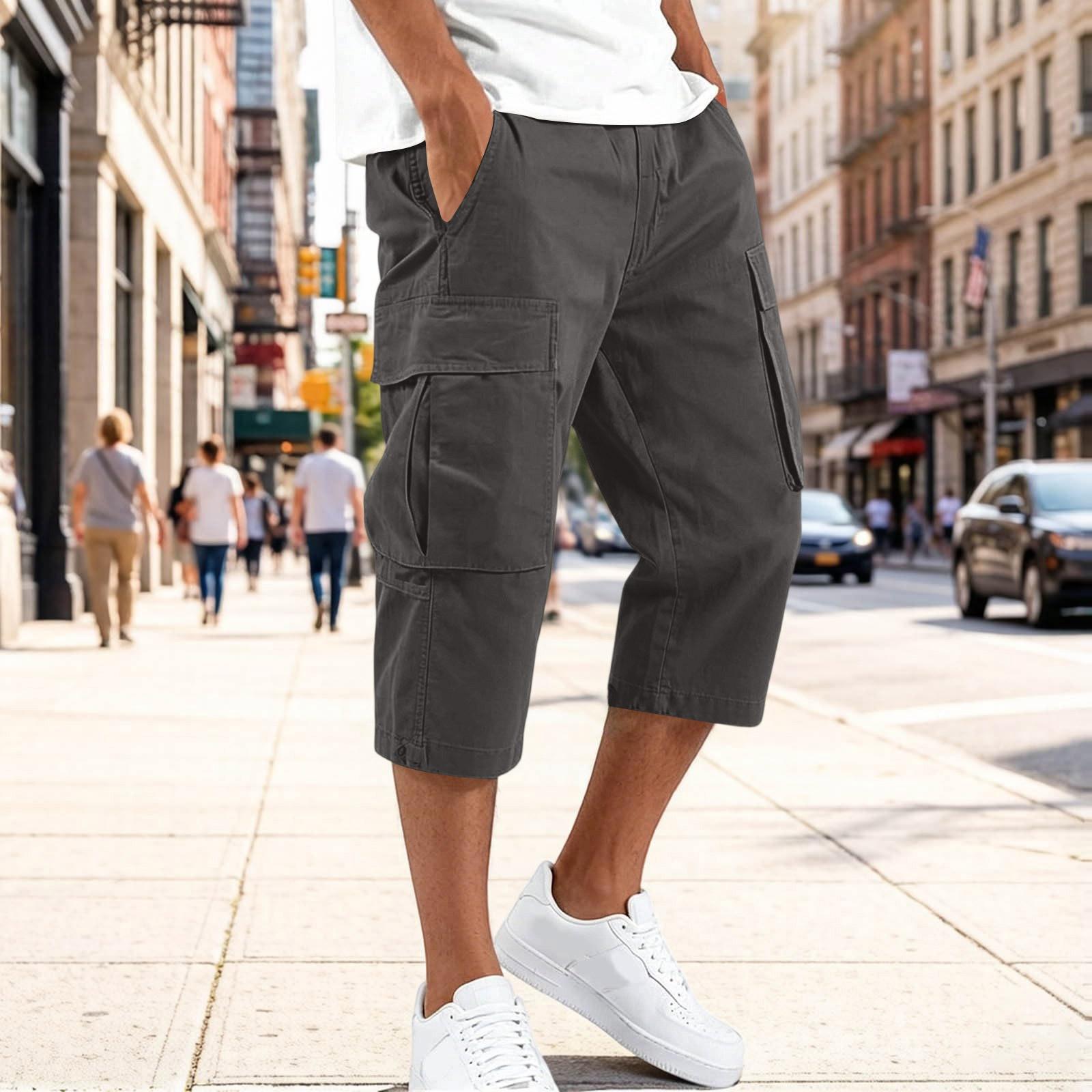 Herren Freizeit Capri-Hose mit Kordelzug und mehreren Taschen, lockere Passform, knielang, Utility Cargo-Hose für Outdoor und Alltag XXXL