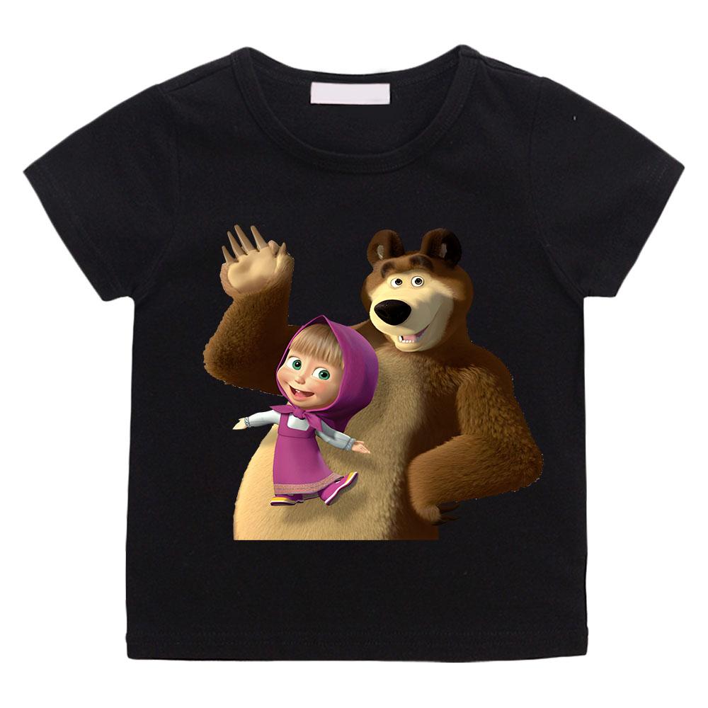 Süßes Masha und Bär Anime Kinder T-Shirt Anime Cartoons Kinder T-Shirts Kawaii Freizeitkleidung Junge Mädchen Mode Kurzarm 110 schwarz