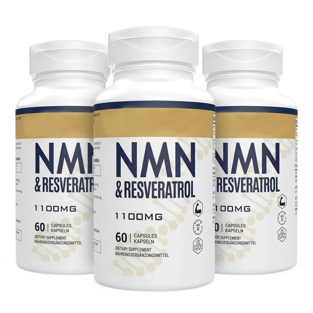 NMN & Resveratrol 1100 mg Nahrungsergänzungsmittel - Hohe Potenz Anti-Aging & Zelluläre Energieunterstützung - 60 Kapseln 3pack