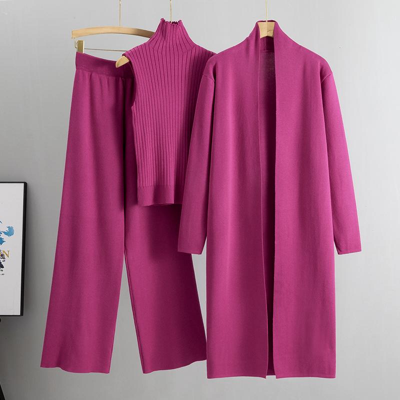 Frühling Herbst 3-teiliges Damen-Strickjacke-Trainingsanzüge, modisches Strickhosen-Set, Damenpullover-Anzug, Vintage-Mode, 3-teiliges Damen-Set one size rose rot