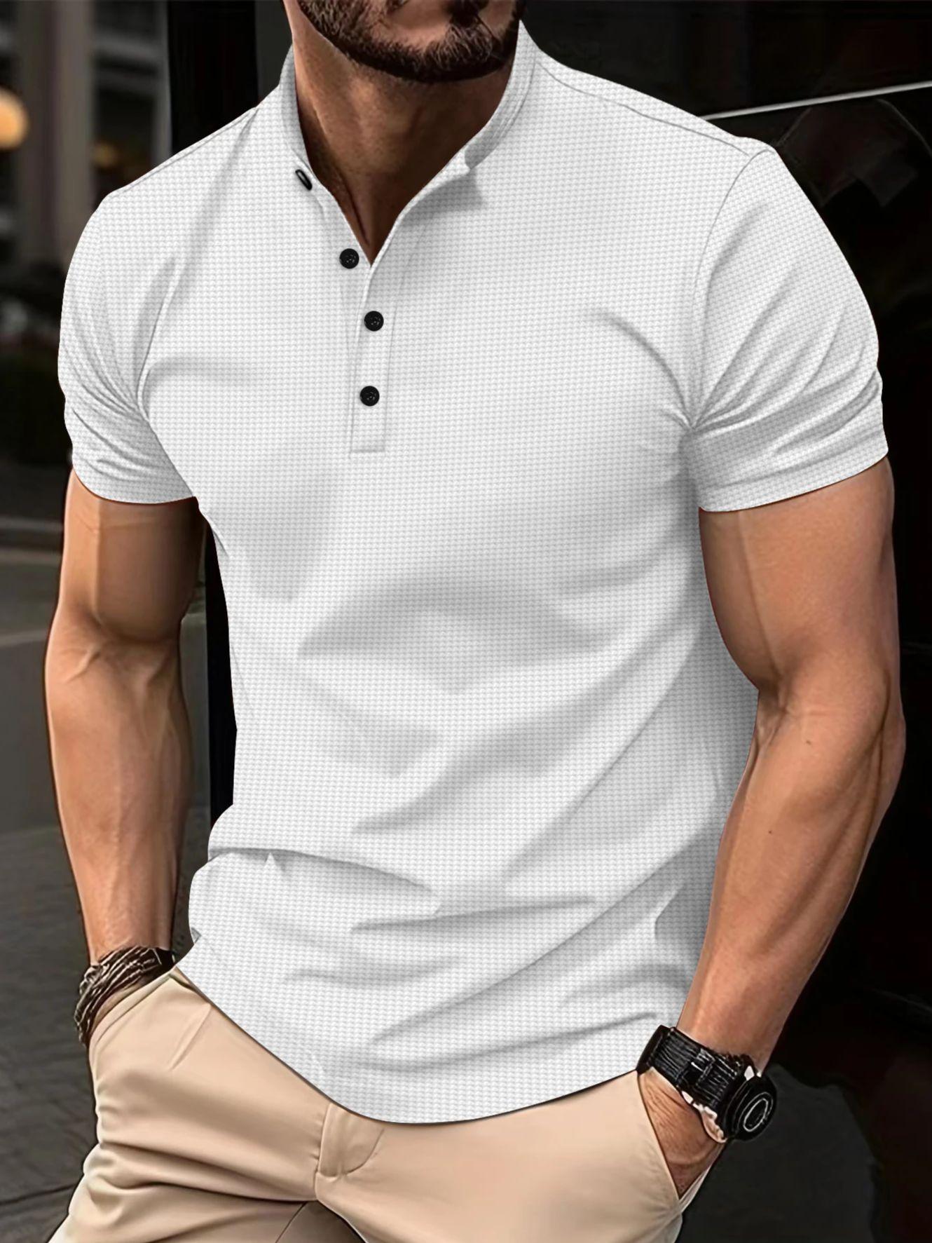 Vintage Einfarbig Henley Shirt Für Männer Sommer Mode Taste O Neck Rippen T Shirt Herren Neue Mode Schlank Kurzarm t-Shirts L weiß