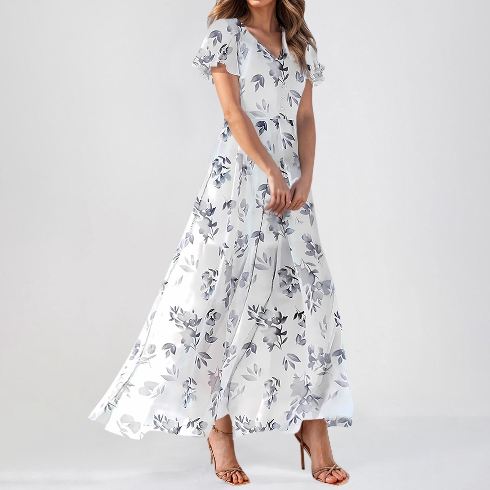 Sommerkleider für Damen, lässig, kurzärmelig, Maxikleider, süßes Blumenmuster, Maxikleider für Hochzeitsgäste, fließende Chiffonkleider M gray
