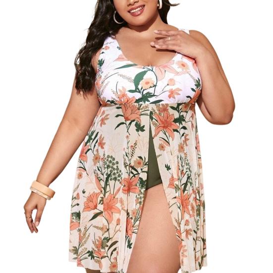 Plus Size Damen Monokini, U-Ausschnitt, ärmellos, Pflanzendruck, geteilter Saum, einteiliger Badeanzug, kontrollierter Bauch-Badeanzug, schnell trocknende Strandbekleidung 4XL weiß