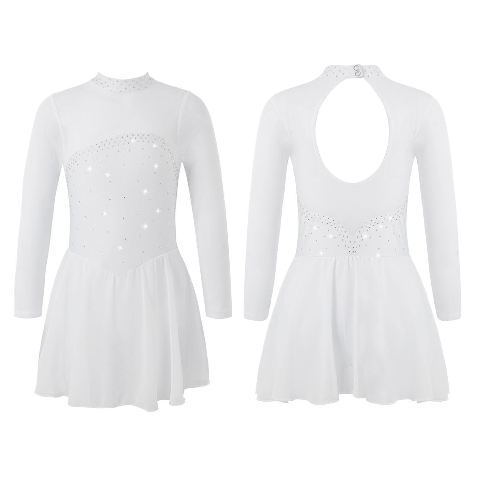 Kinder Mädchen Eiskunstlauf Tanzkleid Langarm Glänzende Strass Mesh Ballett Gymnastik Trikot Kleider Wettbewerb Dancewear 13-14 Years weiß