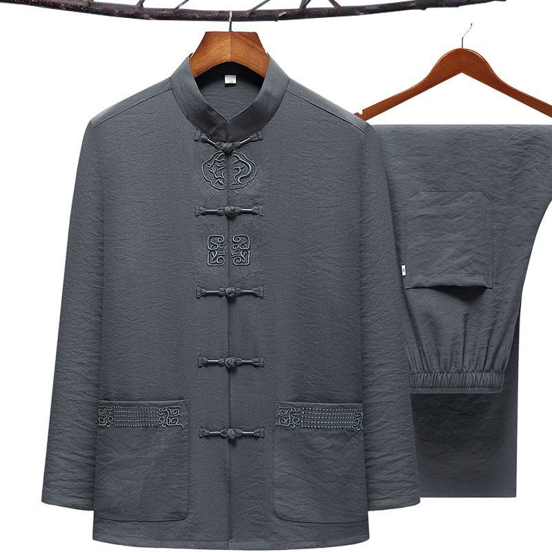 Übergröße Herren Kung Fu Anzug Stickerei Tang-Anzug Frühling Herbst 2-tlg. Hemd & Hose Traditionelle chinesische Tai Chi Kleidung 3XL 4XL 5XL 2XL dunkelgrau
