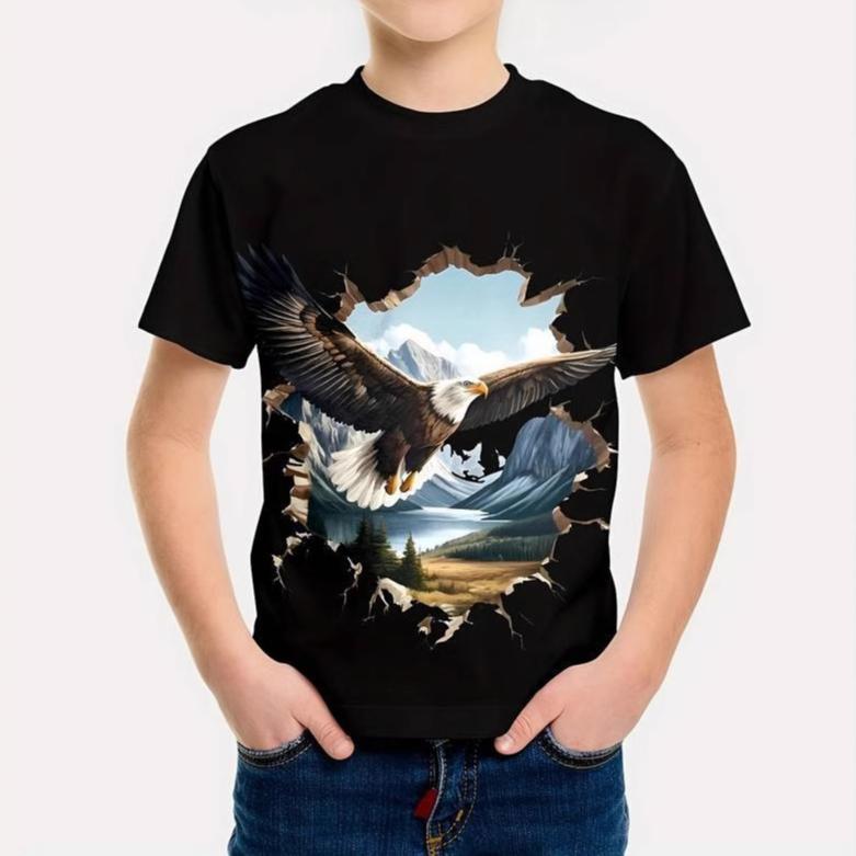 Kinder T-Shirts Sommer Rundhals 3D Adler Muster Bedrucktes Oberteil Modische und lässige Kurzarm T-Shirts für Kinder und Jungen 150