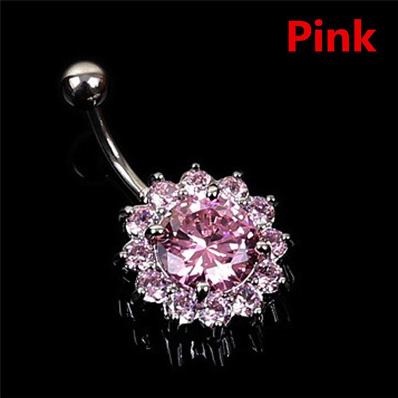 Edelstahl Bar Bauchnabel Ring Kristall Blume Körper Piercing Frauen Schmuck rosa