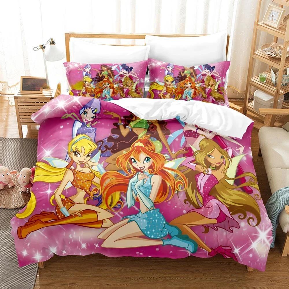 Winx Bettwäsche-Set, Einzelbett, Doppelbett, Queen-Size-Bett, King-Size-Bett, Bettbezug-Set für Erwachsene und Mädchen, Schlafzimmer, 3D-Druck, Anime, Kawaii US Twin 173x218cm