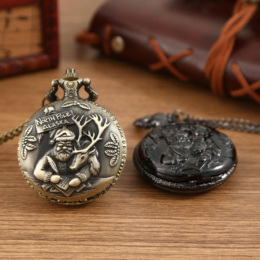 2 Stück/Set, Damen-Taschenuhren, Mode Klassisch Weihnachtsmann Rentier Quarz Taschenuhr, Vintage Weihnachts Mode Halskettenkette Damen Uhr.