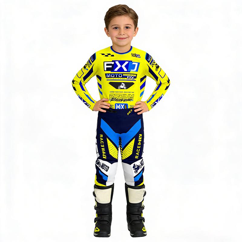 Motocross Kinder Set Motorrad Trikot und Hose Kinderkleidung großer Junge Mädchen Jugend MX Ausrüstungsset Rennanzug YS-20 (15-19KG) blau