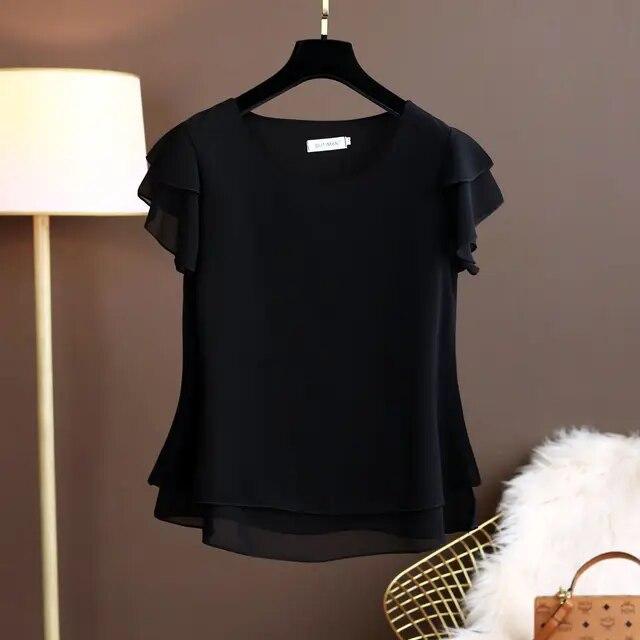Sommer Übergroße lockere und dünne lässige Bluse Top Kurzarm Chiffon Top Weiße Bluse Grüne Damen Tops L schwarz