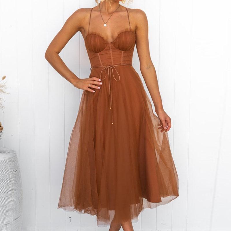 Damen Kleider Mesh Abendkleid Spaghettiträger Formelle Partykleid Kleid L