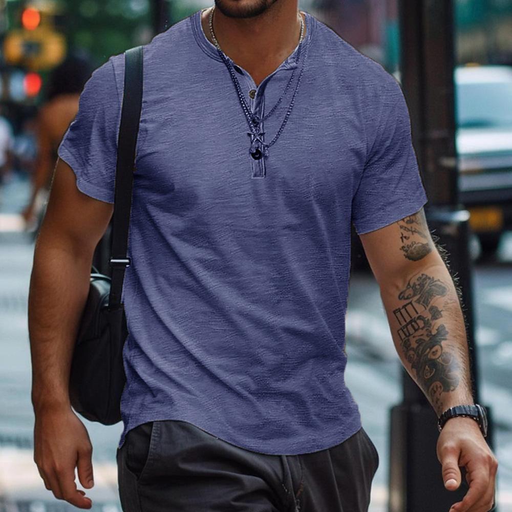 Henry Shirt Sommer Herren Casual Einfarbig Kurzarm T-Shirt für Männer Polo Herren Baumwolle Herren T-Shirts US XXL(90-100KG) denim-blau