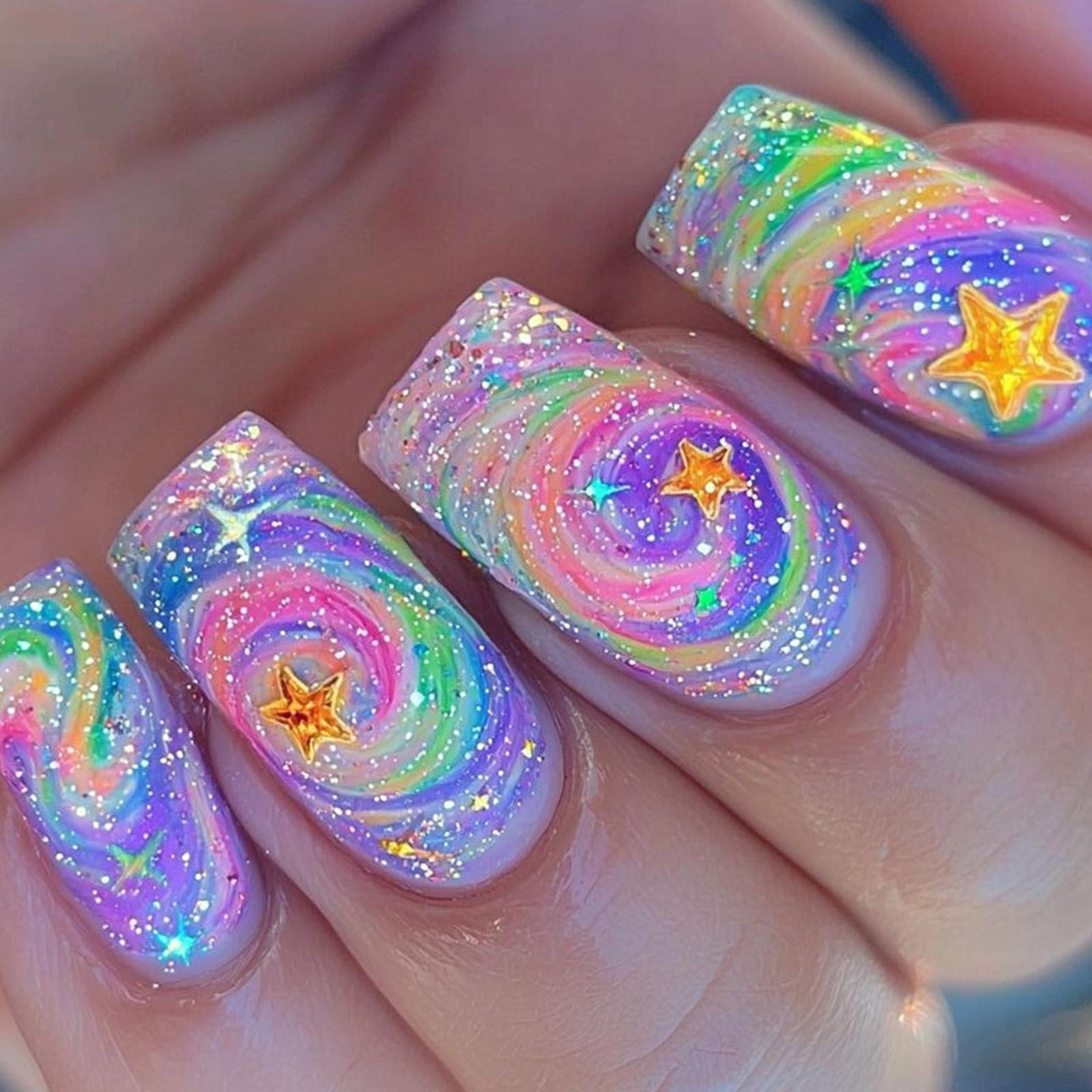 24 Stück Lange Falsche Nägel Sterne Künstliche Nägel Farbverlauf Vollabdeckung Aufkleben Nägel Glitzernde Aufdrücknägel für Frauen