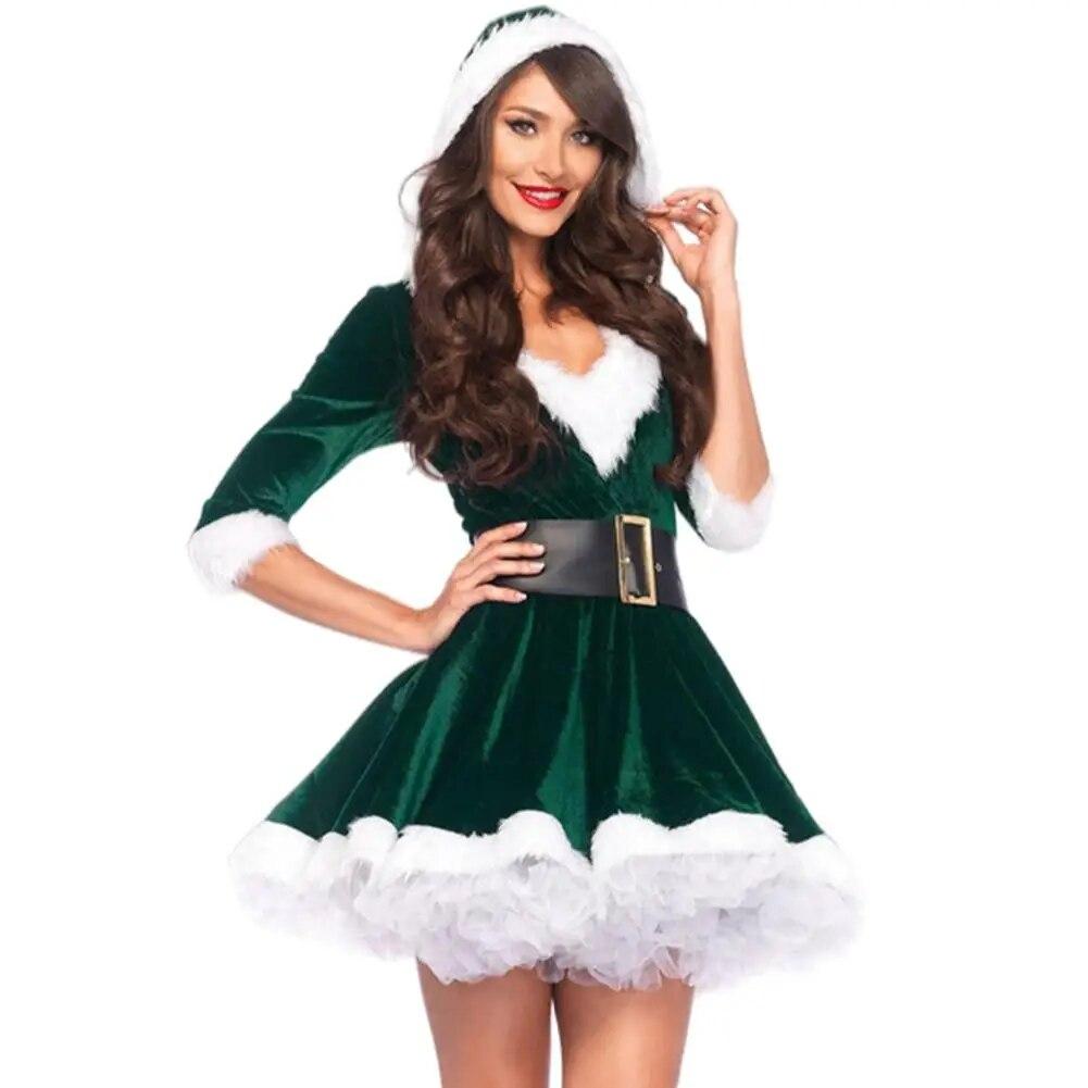 Neujahrs-Weihnachtskleid für Damen, Samt, Weihnachtsmann-Kostüm, sexy Kostüm, mittellange Ärmel, Plüsch-Party-Kapuzenkleider mit Gürtel M grün