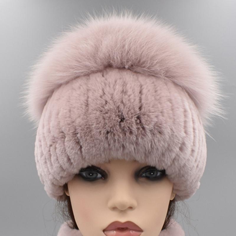 Natürliche Pelz Hüte Frauen Gestrickte Kaninchen Fuchs Flauschigen Winter Warme Weibliche Hut Luxus Kopfbedeckungen Echtpelz Mützen Kappe One Size violett