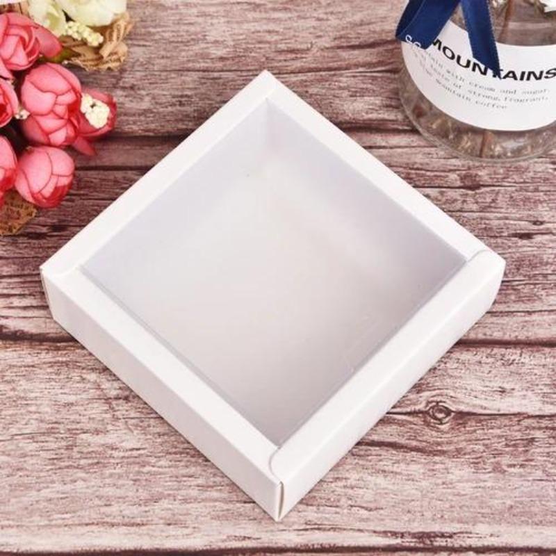 10 Stück quadratische Flip-Box aus Kraftpapier, transparent, mattiert, PVC-Abdeckung, Karton, Süßigkeiten, Desserts, Kosmetik, Seife, Aufbewahrungsverpackungen 15x15x5cm