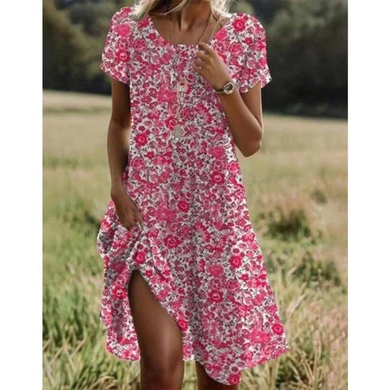 Sommer Bohemian Kleider Für Frauen V-ausschnitt Kurzarm Blume Gedruckt Strand Urlaub Kleid Frauen Maxi Kleider Boho XL rosa