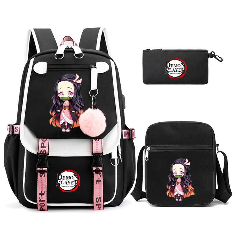 3 Teile/satz Dämon Slayer Kamado Nezuko Rucksäcke für Mädchen Anime Schule Tasche Teenager Student Leinwand Laptop Rucksack Frauen Rucksack