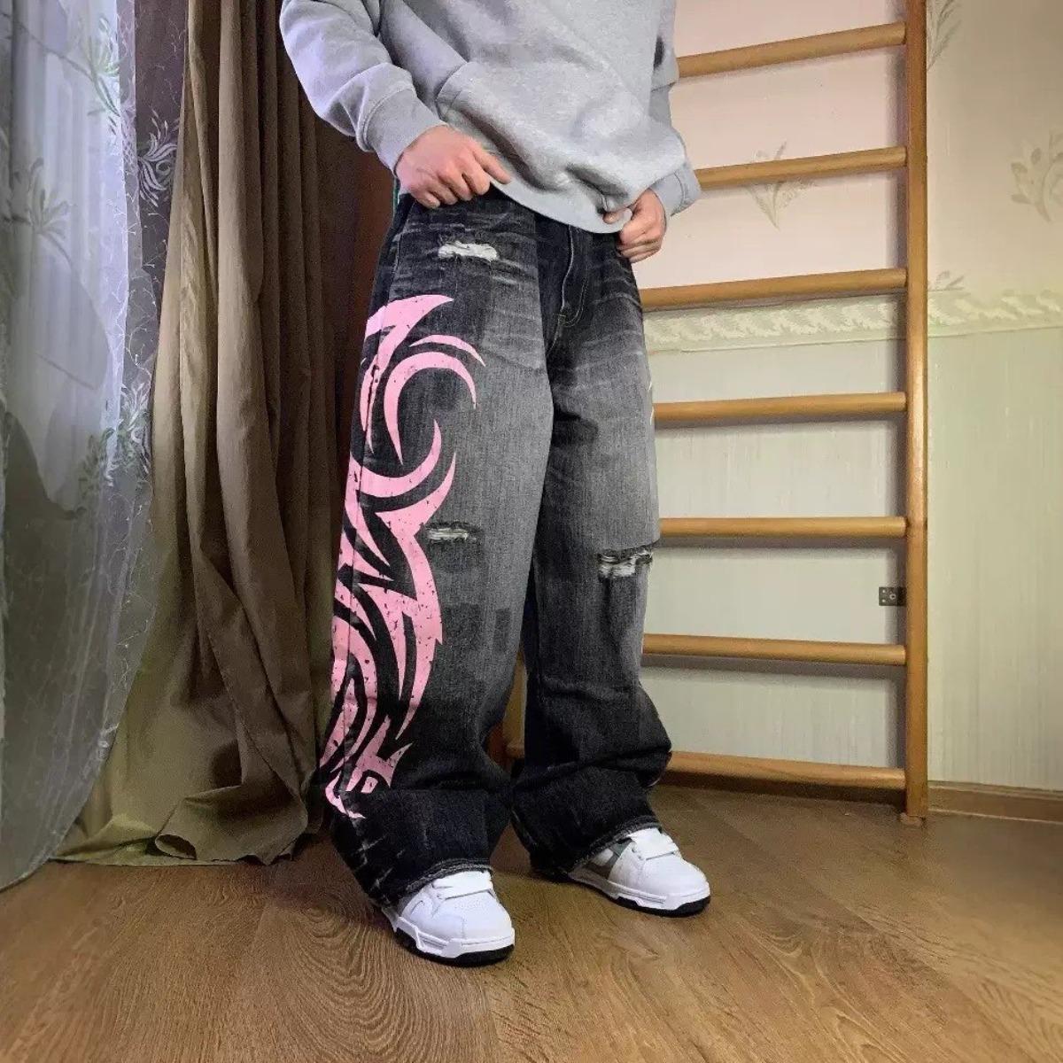 STREETRICH Amerikanische Mode Neue Schwarze Alt Gewaschene Löcher Baggy Jeans Damen Y2K Vintage Punk Mode Lässig Joker Hohe Taille Weites Bein Hosen M schwarz