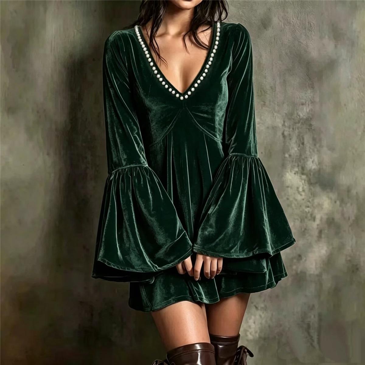 Damen Samt Mini Kleid V-Ausschnitt Perlenbesatz Glocken Langarm Locker Schwingend Kurzes Kleid Abendparty Damenkleider XXXL grün