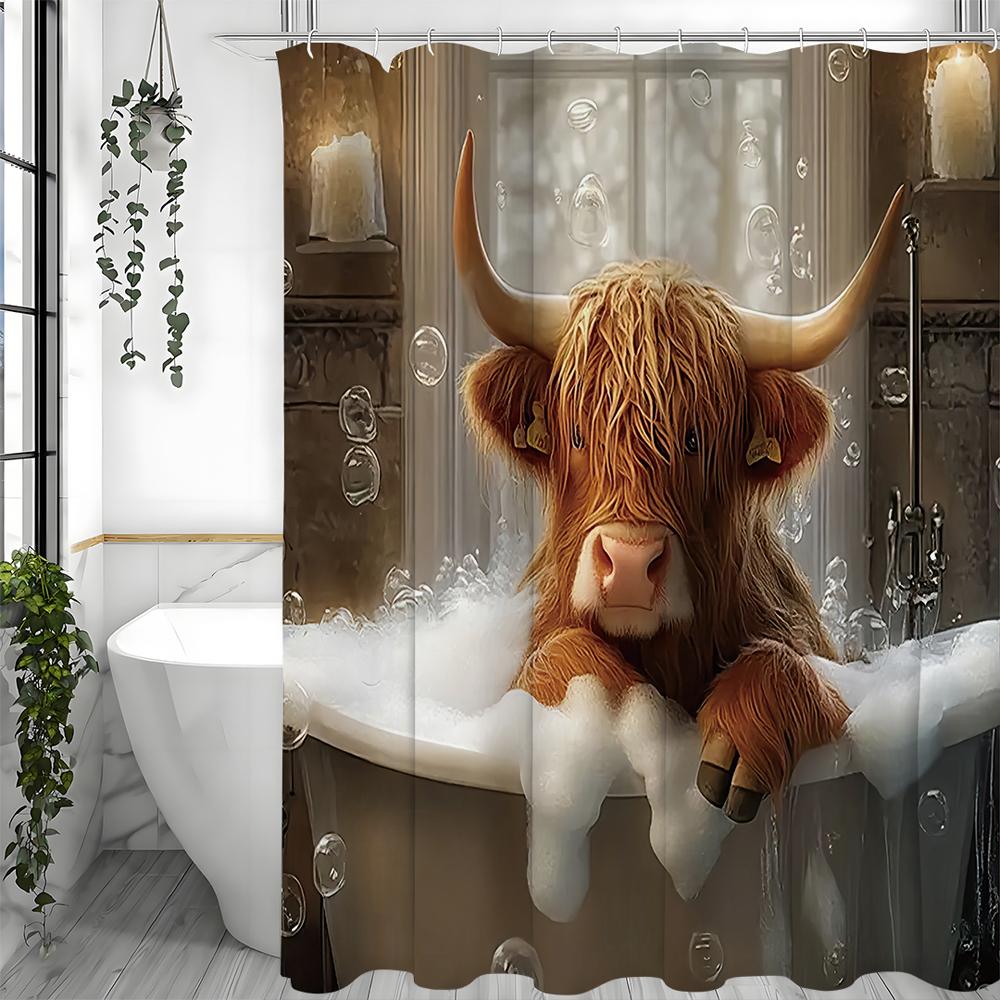 Lustige Hochlandkuh Lustiges Tier Braunes Kalb Niedliche Kuh Blase Duschvorhang, Badezimmer Dekorativer Duschvorhang, Wasserdichter Dusch 90*180cm