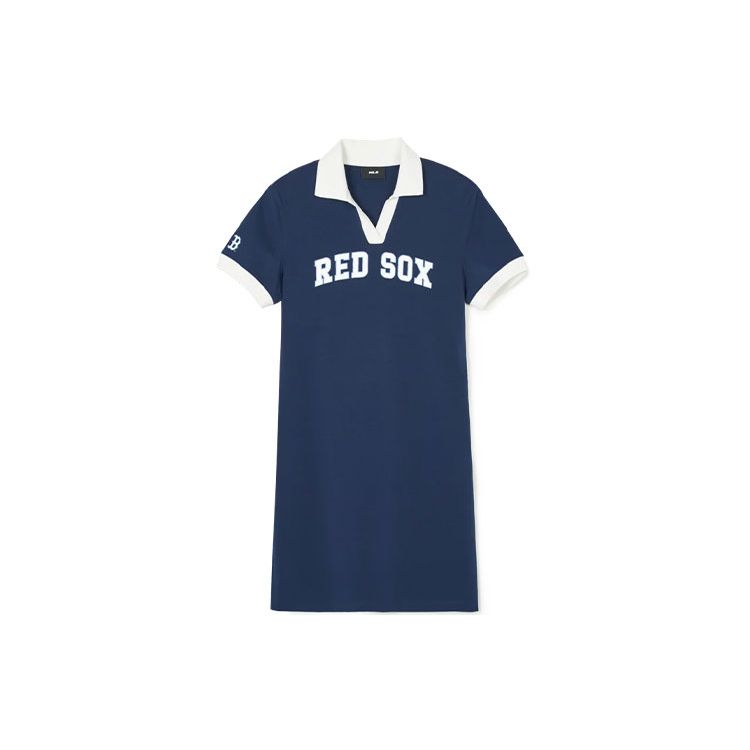 MLB Boston Red Sox Farbblock-Buchstabendruck Polo Lässiges Sport-Kurzarmkleid Damenkleider Marineblau 3FOPV0143-43NYS S white