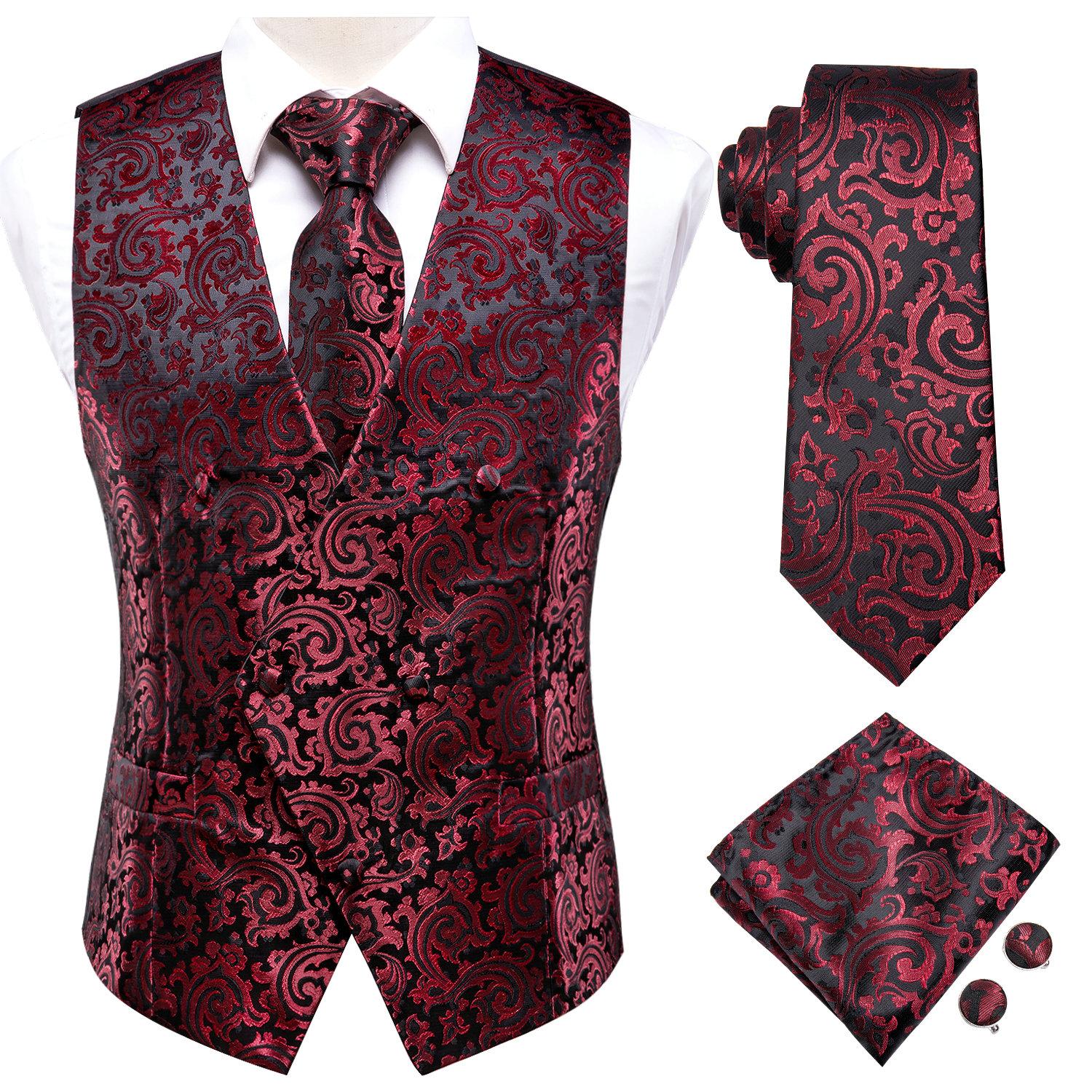 Mode Herren Anzug Weste Rot Blau Paisley Weste Krawatte Einstecktuch Manschettenknöpfe Set für Hochzeit M rot