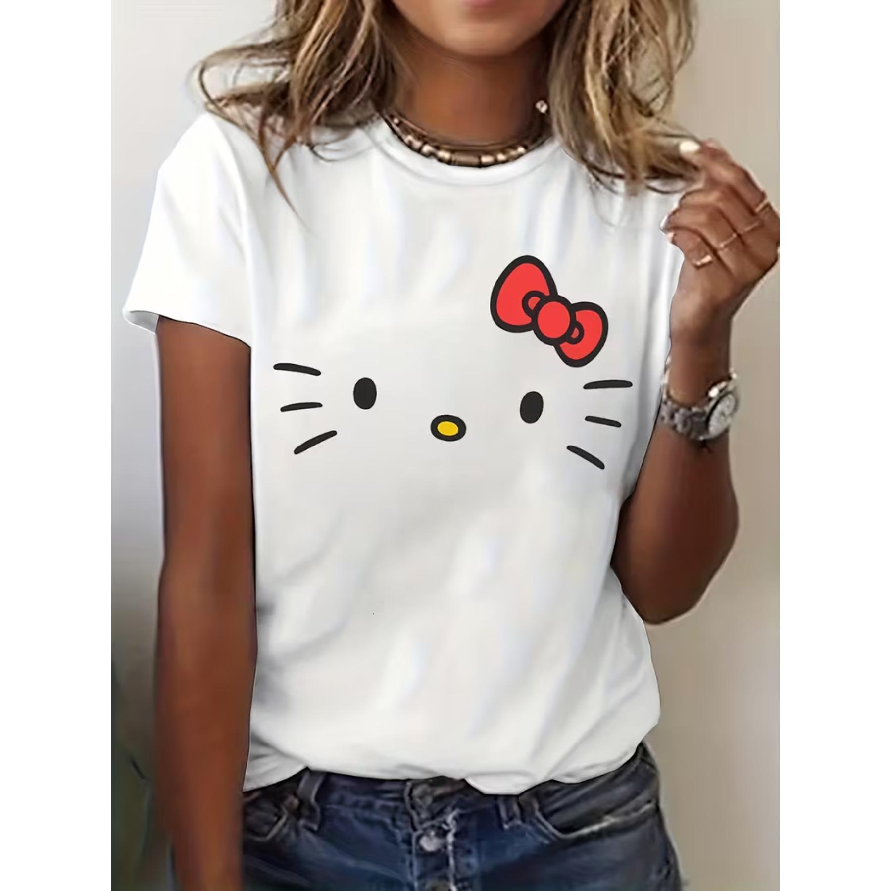 Damen Sanrio Hello Kitty T-Shirt - Ikonisches Gesicht & Signatur-Print, Kurzarm Rundhals Lässiges Sommeroberteil Geeignet für Sommer & Frühling L weiß