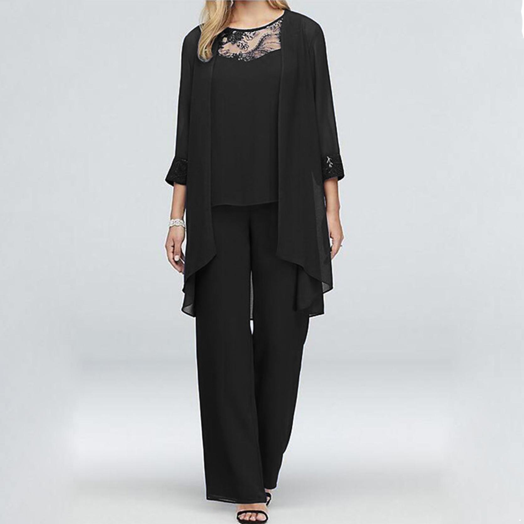 Hosenanzüge für die Mutter der Braut, 3-teilig, für Damen, Hochzeit, formelles Outfit-Set, Chiffon-Abendkleid, Übergröße 3XL schwarz