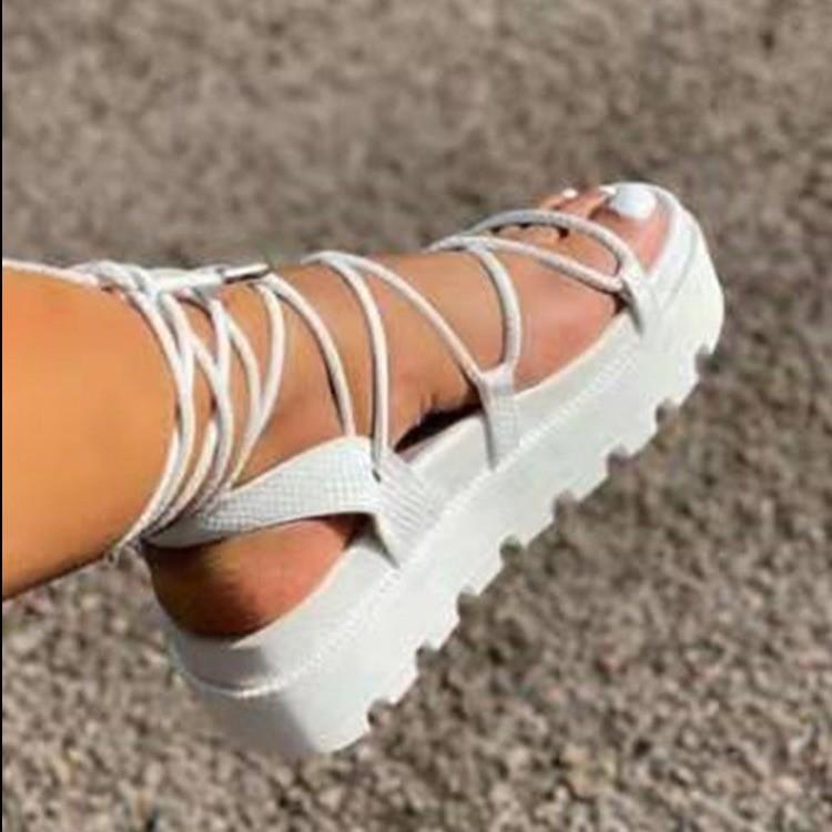 Mode Gladiator Sandalen Für Damen 2024 Sommer Frau Dicke Sohle Plateau Flache Damenschuhe Mode Kreuzriemen Sandalen Damenschuhe 43 weiß