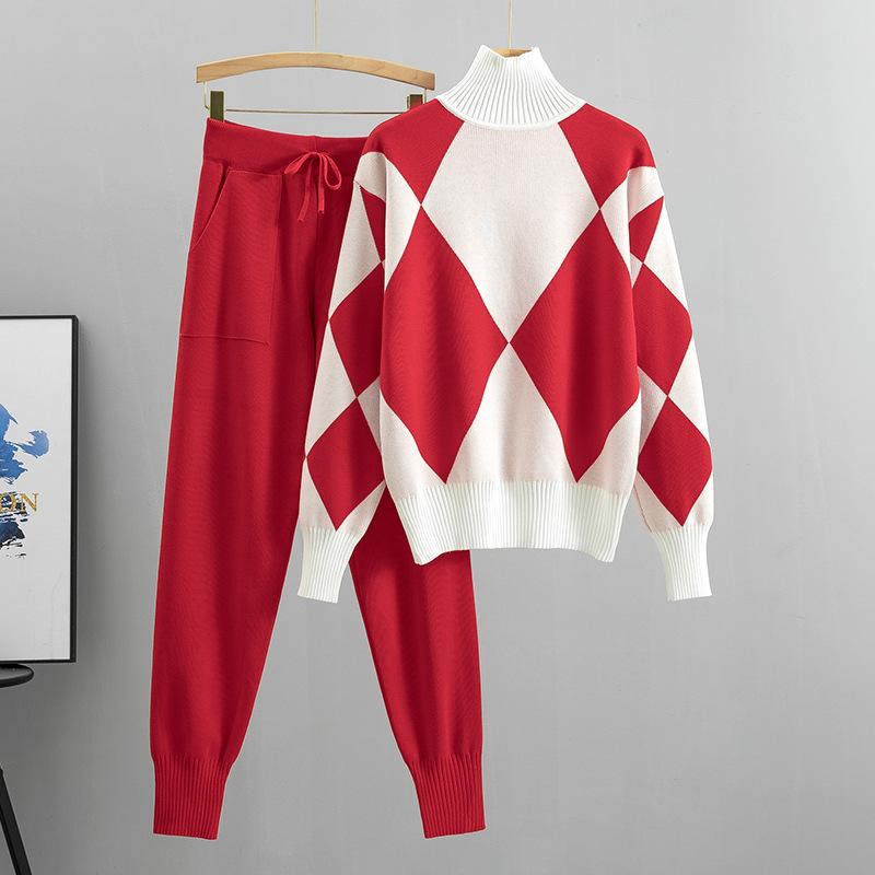 Anzug Damen Herbst und Winter Lässig Gestrickter Plaid Pullover Hose Zweiteiliger Anzug L rot