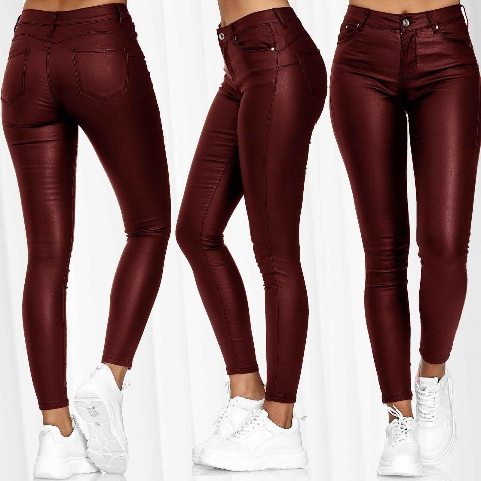 2026 Frühling Sommer Neue Damen Unifarbene Leder Slim Fit Hosen Sexy High-Waist Hosen Freizeithosen, Schmal geschnittene Hosen PU Hosen XXL wein rot