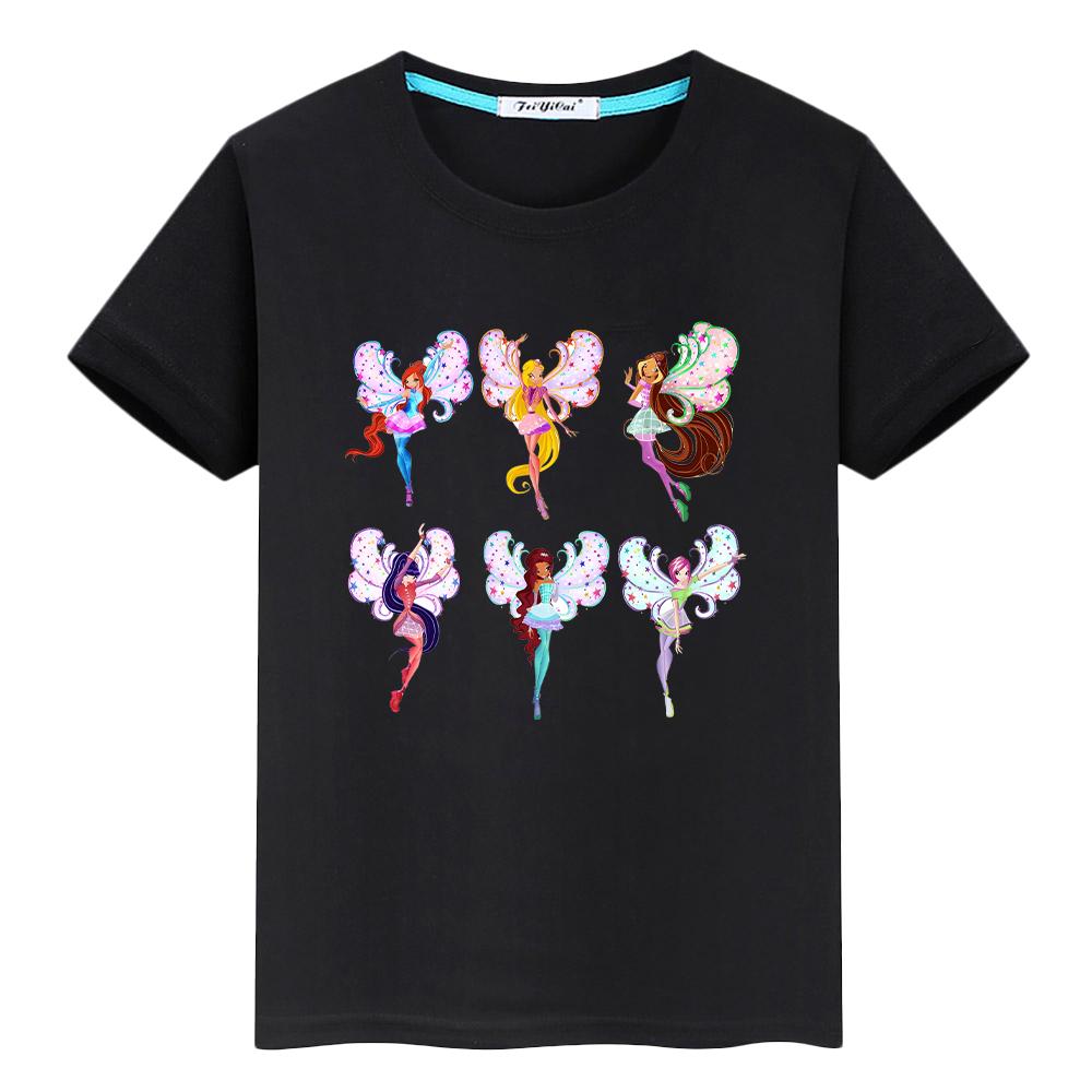 Winx Cartoon 100% Baumwolle Print T-Shirt für Kinder Jungen 10 Jahre Winx Anime Kurze süße Tops Mädchen Kleidung Y2k Stolz T-Shirt Babykleidung 100 schwarz