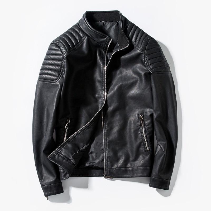 Frühling Herbst Herren Freizeit Lederjacke Stehkragen Slim Fit Mode Einfarbig Motorrad Vintage Sport PU Lederjacke 3XL schwarz